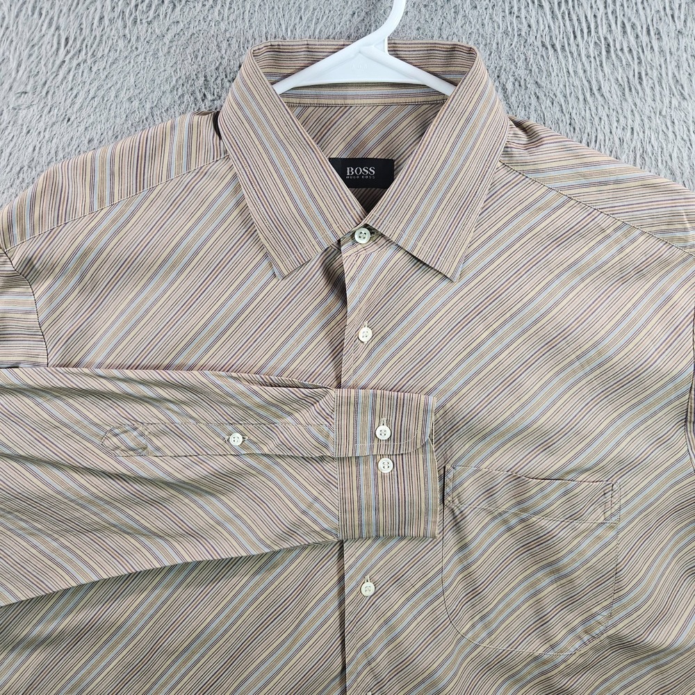 Boss Hugo Boss Dress Shirt Men 42 16.5 Button Up‎ Log Sleeve Light Tan Striped